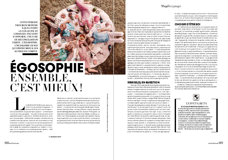 Article consacré à l'Égosophie d'Elise Debord, publié dans Madame Figaro, septembre 2021