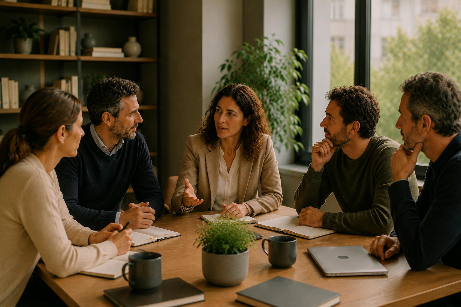 Équipe et comité de direction réunis autour d'une table, échange professionnel illustrant le coaching d'équipe et l'accompagnement CODIR.