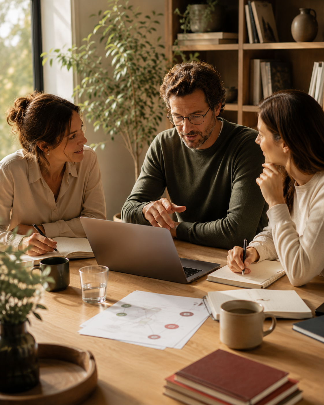 Trois collaborateurs en échange autour d'un ordinateur portable, dans une atmosphère chaleureuse et professionnelle, illustrant la qualité de la relation humaine au travail