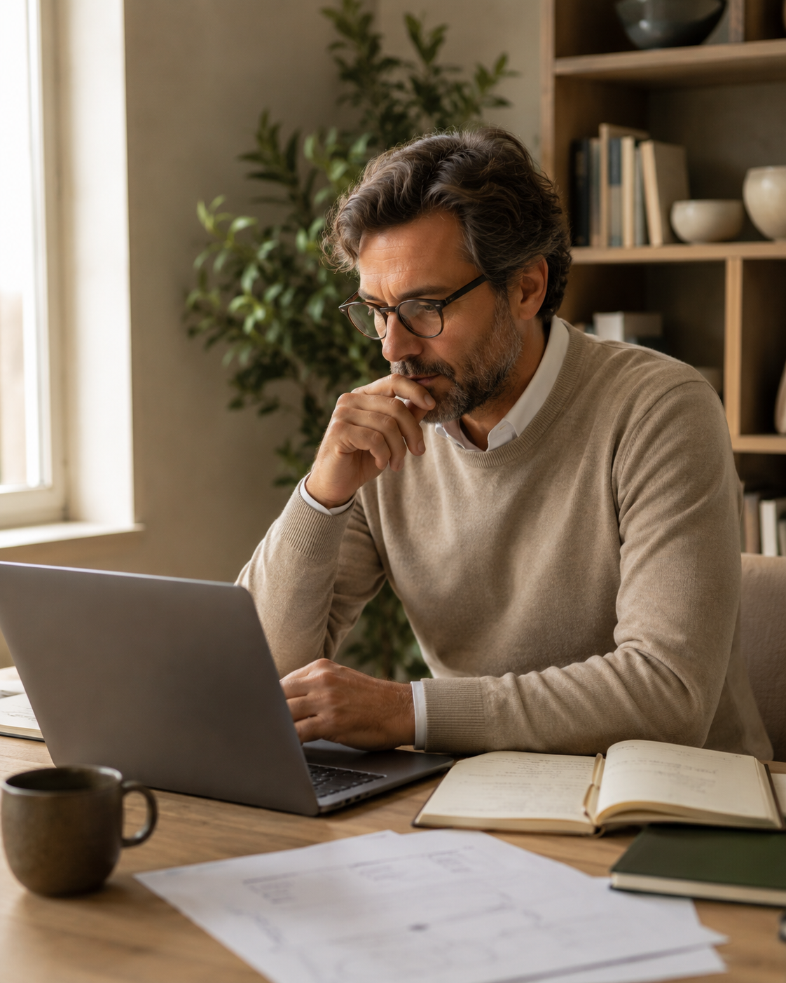 Professionnel en posture de réflexion devant son ordinateur, prenant du recul face à un contenu généré par l'intelligence artificielle