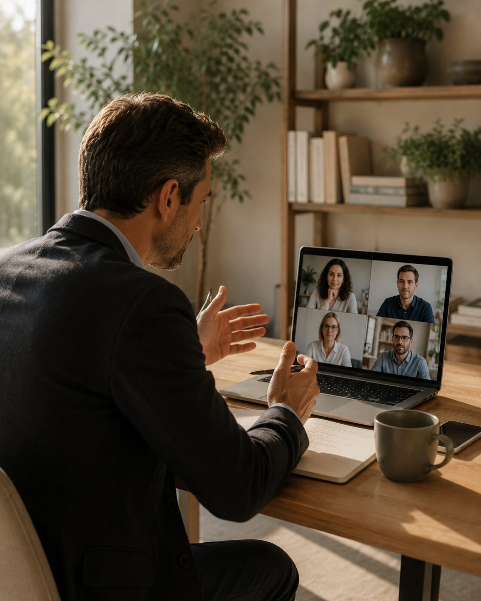 Leadership hybride — réunion hybride réaliste, collaborateurs en présentiel et à distance, coopération et échanges professionnels authentiques